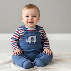 🐘 Little Me Striped 2-Pc Elephant Overall Outfit – Size 9 Months
